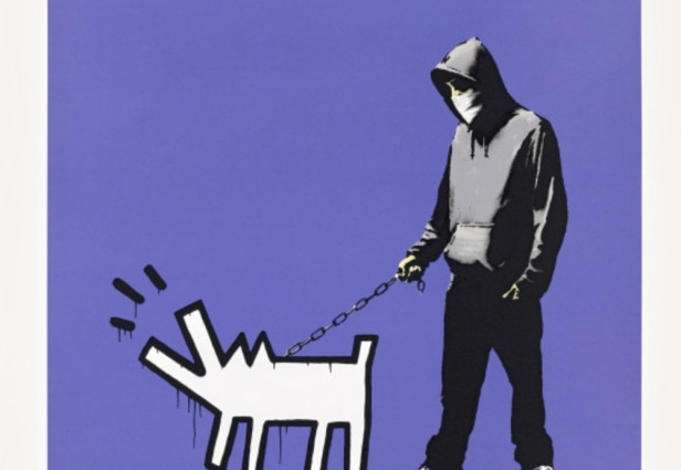 Valitse aseesi (tumma violetti), kirjoittanut Banksy. Lähde: Phillips Auctioneers