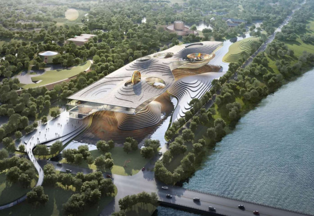 Kyk na die voorstel vir die nuwe hoofkwartier van die Sanxingdui Argeologiese Museum. Bron: BAI Design International