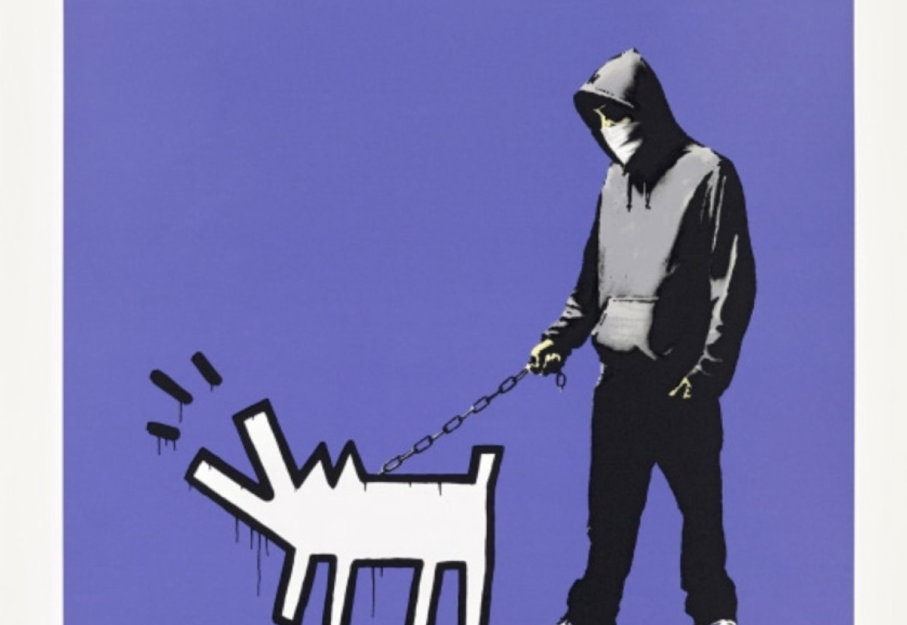 Choisissez votre arme (violet foncé) par Banksy. Source : Phillips Auctioneers