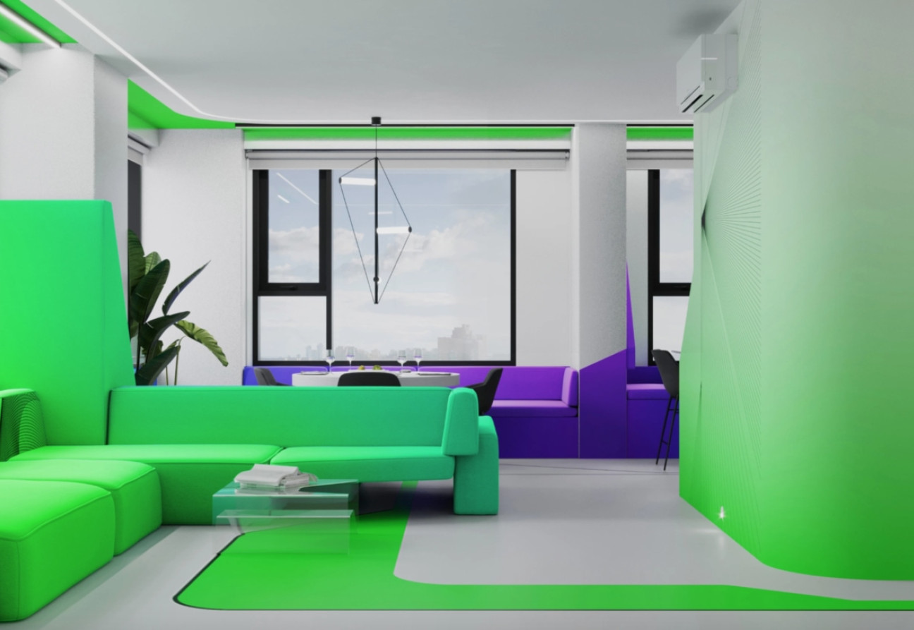 Vistazo al interior del colorido departamento NEBO, conceptualizado por Rustem Urazmetov. Fuente: UR Burau