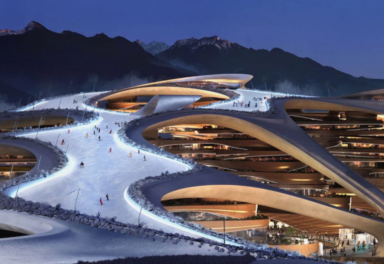 Trojena será un resort para esquiar en nieve que también contará con vistas al desierto de Arabia Saudita. Fuente: Dezeen